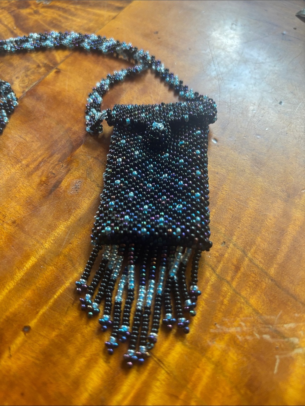 Beaded Black Medicine pouch Necklace with Fringe - Picture 3 of 3